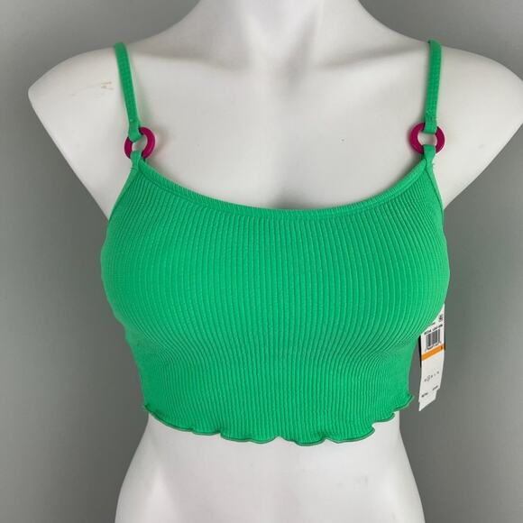 SALT + COVE Women Green Stretch Ruffled O-Ring Textured Scoop Neck Swim Top - Picture 1 of 7